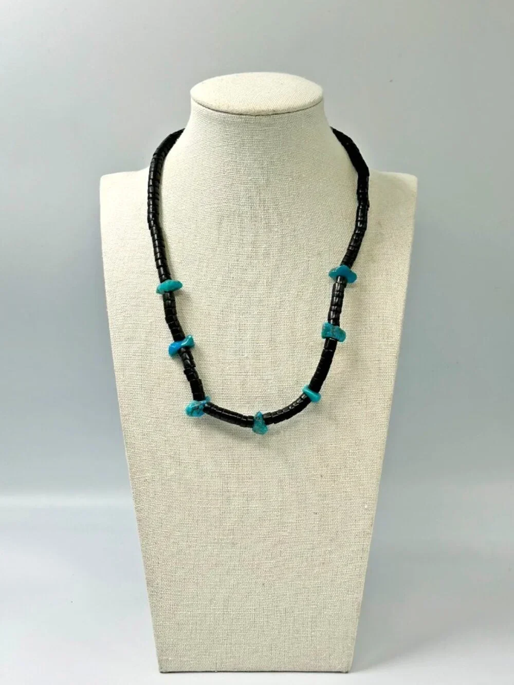 Vintage Turquoise Nugget Beaded Necklace Men Black Heishi Beads Barrel Clasp
